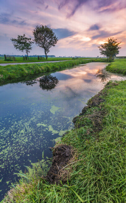 Een weiland met een sloot en een weg ernaast, tijdens zonsondergang, in de buurt van Bleskensgraaf.